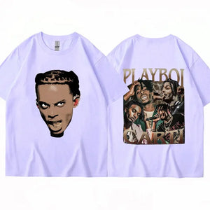 Rapper Playboi Carti Double Side Print T Shirt Men Women Retro Hip Hop Gothic Loose Short Sleeve Cotton Casual Street Tee Shirts