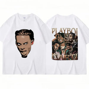 Rapper Playboi Carti Double Side Print T Shirt Men Women Retro Hip Hop Gothic Loose Short Sleeve Cotton Casual Street Tee Shirts