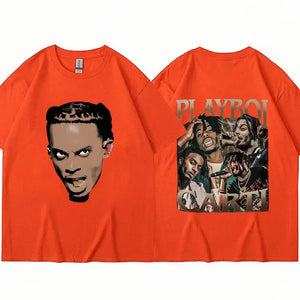 Rapper Playboi Carti Double Side Print T Shirt Men Women Retro Hip Hop Gothic Loose Short Sleeve Cotton Casual Street Tee Shirts