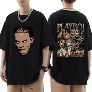 Rapper Playboi Carti Double Side Print T Shirt Men Women Retro Hip Hop Gothic Loose Short Sleeve Cotton Casual Street Tee Shirts