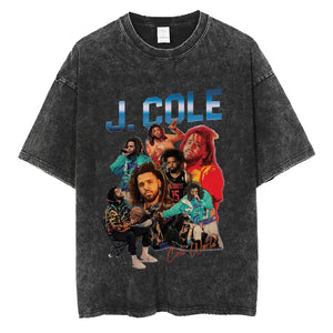 Rapper J Cole Washed T-shirt Vintage Style Music Album Concert Graphic Tshirts Men's Harajuku Hip Hop Punk Street T Shirt Unisex