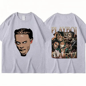 Rapper Playboi Carti Double Side Print T Shirt Men Women Retro Hip Hop Gothic Loose Short Sleeve Cotton Casual Street Tee Shirts