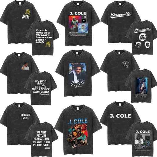 Rapper J Cole Washed T-shirt Vintage Style Music Album Concert Graphic Tshirts Men's Harajuku Hip Hop Punk Street T Shirt Unisex