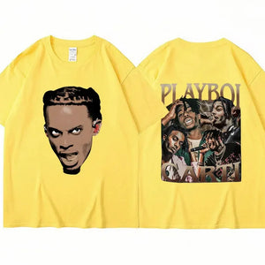 Rapper Playboi Carti Double Side Print T Shirt Men Women Retro Hip Hop Gothic Loose Short Sleeve Cotton Casual Street Tee Shirts