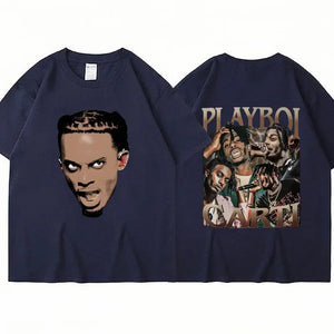 Rapper Playboi Carti Double Side Print T Shirt Men Women Retro Hip Hop Gothic Loose Short Sleeve Cotton Casual Street Tee Shirts