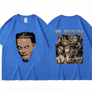 Rapper Playboi Carti Double Side Print T Shirt Men Women Retro Hip Hop Gothic Loose Short Sleeve Cotton Casual Street Tee Shirts