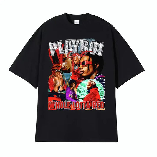 Playboi Carti Cash Whole Lotta Red Rap Tee Shirt Big Face Head Vintage Style Hip Hop T-shirt Men Harajuku Gothic Fashion T Shirt