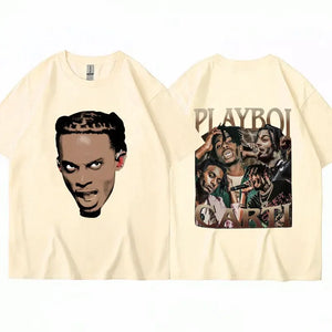 Rapper Playboi Carti Double Side Print T Shirt Men Women Retro Hip Hop Gothic Loose Short Sleeve Cotton Casual Street Tee Shirts