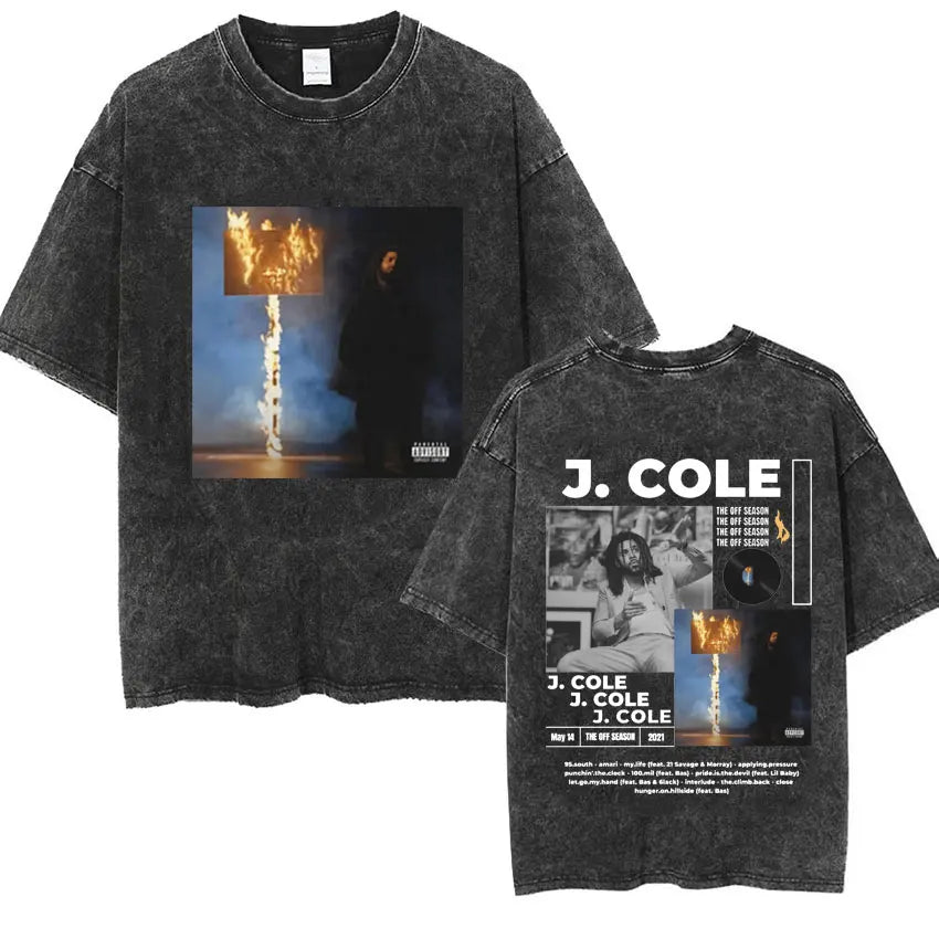 Rapper J Cole Washed T-shirt Vintage Style Music Album Concert Graphic Tshirts Men's Harajuku Hip Hop Punk Street T Shirt Unisex