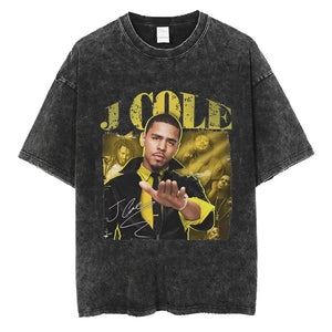 Rapper J Cole Washed T-shirt Vintage Style Music Album Concert Graphic Tshirts Men's Harajuku Hip Hop Punk Street T Shirt Unisex